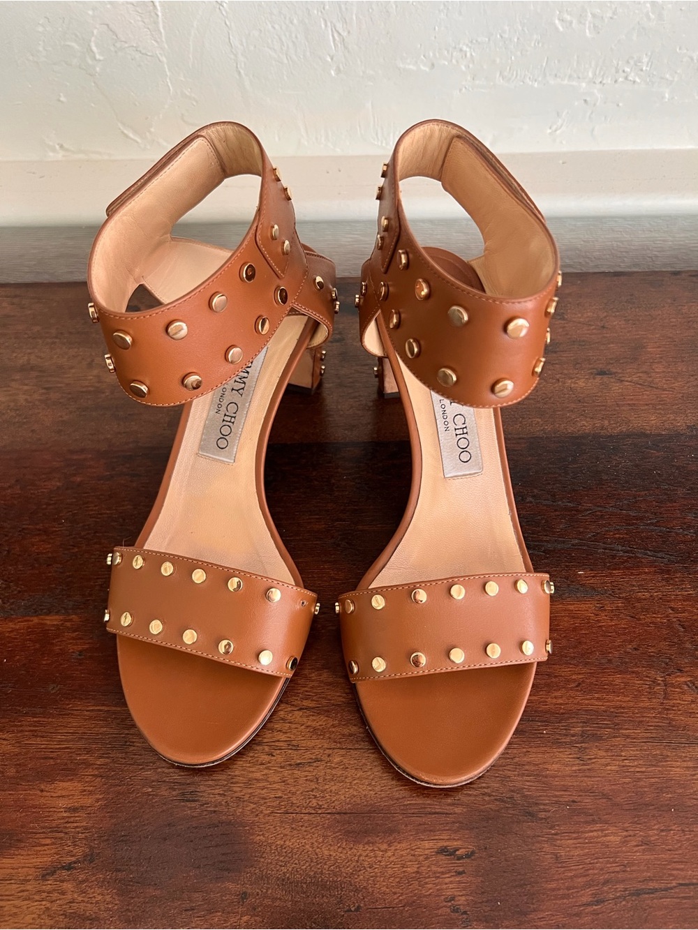 Jimmy Choo Tan Studded Leather Ankle-Strap Sandals